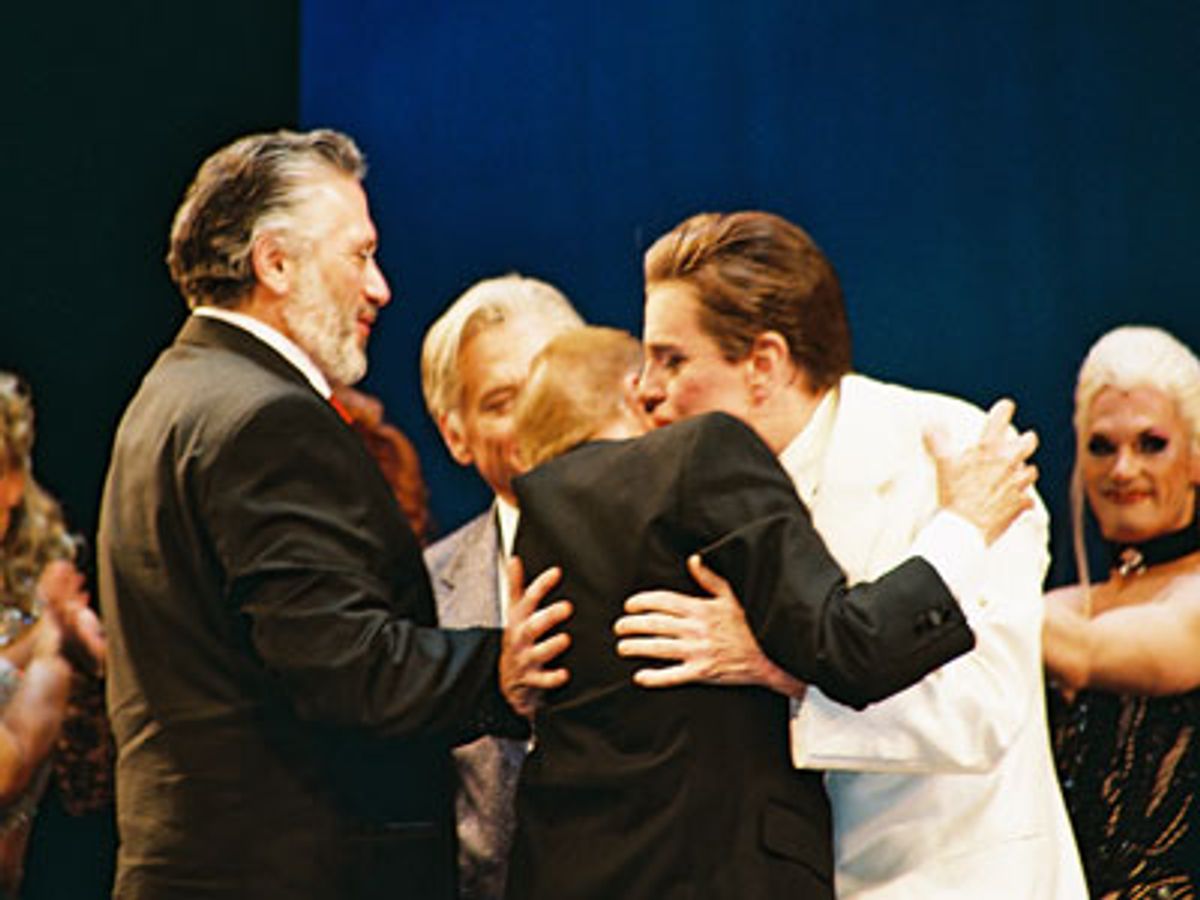 Daniel Davis and Gary Beach welcome
Harvey Fierstein and Jerry Herman up on stage at 