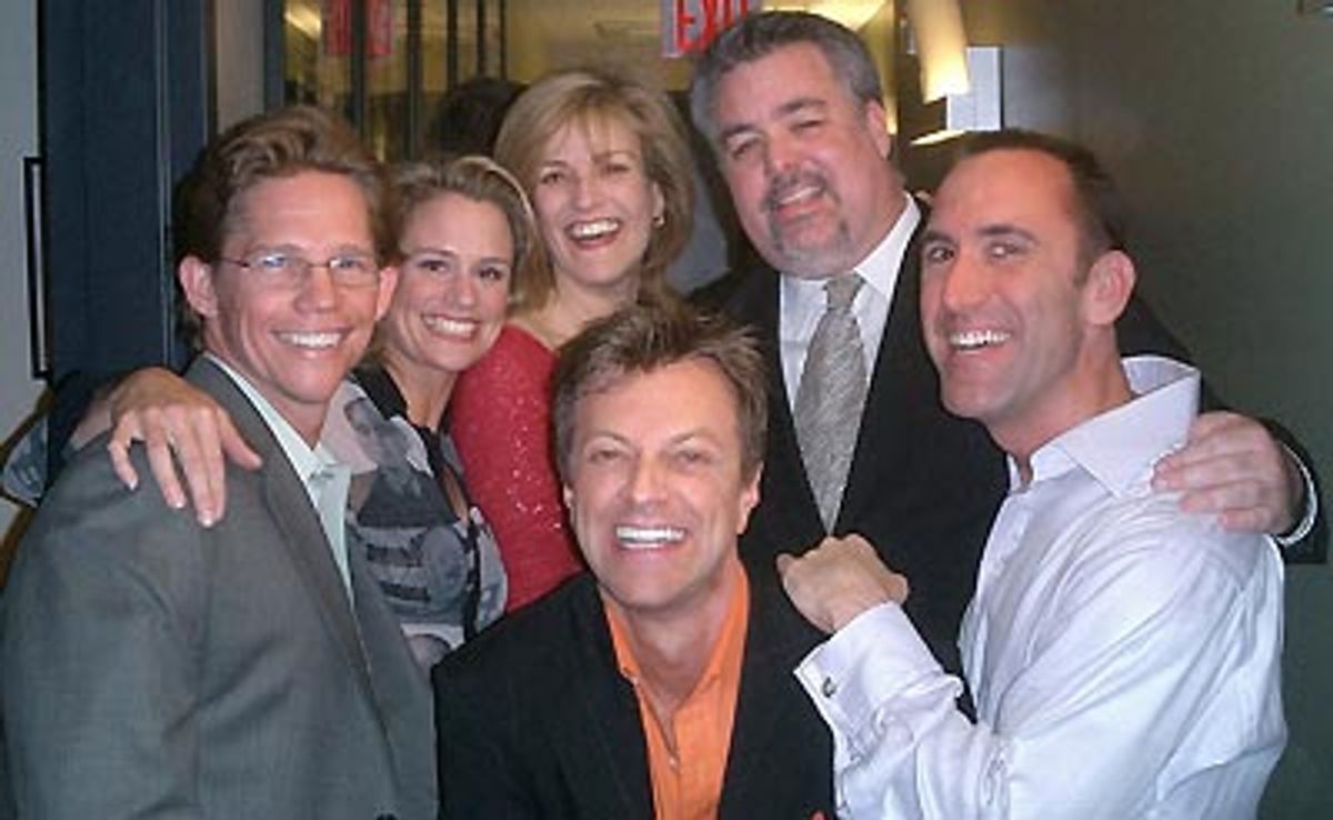 Director Jack Noseworthy, Cady Huffman, Karen Mason, New York State Assembly Member Danny O'Donnell, and Senior Kerry advisor Jim Jones surround host Jim Caruso  at 