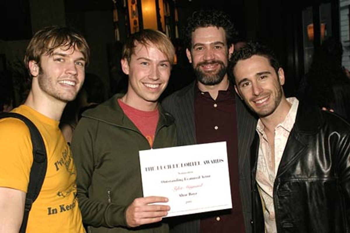 From the Altar Boyz team:
Scott Porter (Matthew) , Tyler Maynard (Mark), Kevin Del Aguila (Book), Christopher Gattelli (Choreographer) at 