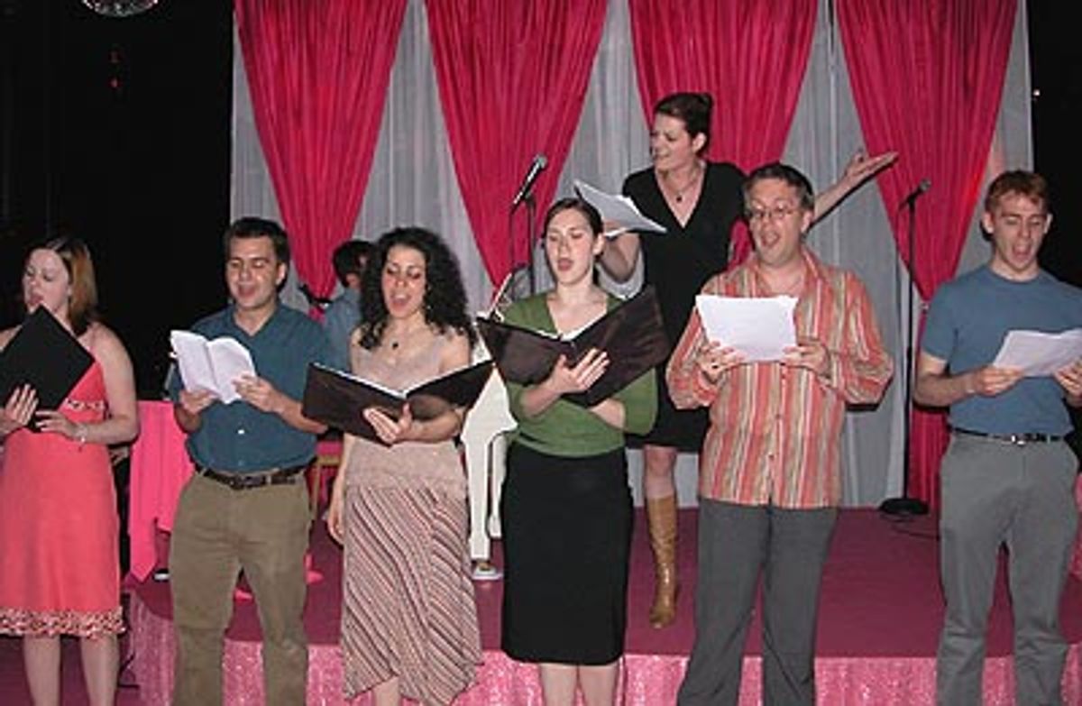 THE ROUSING FINALE FROM BRIAN LOWDERMILK'S MUSICAL RED,
A Patriotic Anthem titled 'This Land is Mine'
Mishelle Girolami, Michael Cassara, Julie Garnye, Kait Kerrigan, Matt Leahy and Mick Bleyer,
with Kate Shindle onstage and Brian Lowdermilk at the pia at 