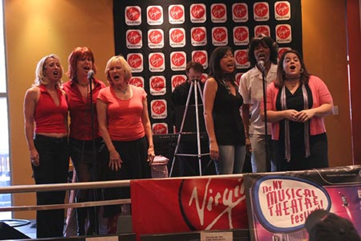 The cast of Expiring Minds, singing 'Welcome to the World of Expiring Minds' (l to r) Leisa Mather, Valerie Fagan, Joy Franz, Pearl Sun, Cheryl Alexander, and Amorika Amorosa  at 