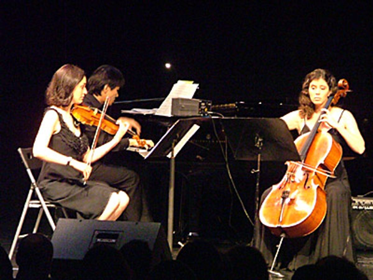 The Q Trio (Lynn Bechtold, violin; Louise Dublin, cello; Taka Kigawa, piano)
perform 'Variations On A Pornographic Theme) at Avenue Q Swings!