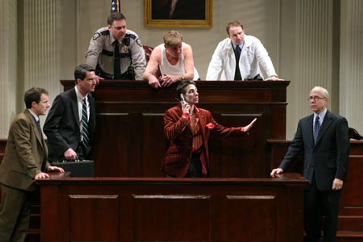 (l-r) Steven Goldstein, Christopher Evan Welch, Steven Hawley, Larry Bryggman, Keith Nobbs, Jim Frangione and Bob Balaban in Atlantic Theater Companyâ€™s world premiere of David Mametâ€™s â€œROMANCEâ€ directed by Neil Pepe. Photo Â© Gerry Goodstein. at 