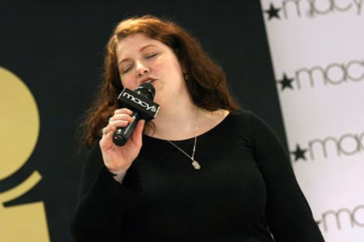 Winner, Amy K. Browne (of course, not the winner at the time this photo was taken) at Macy's Singing Contest for Tony Tickets