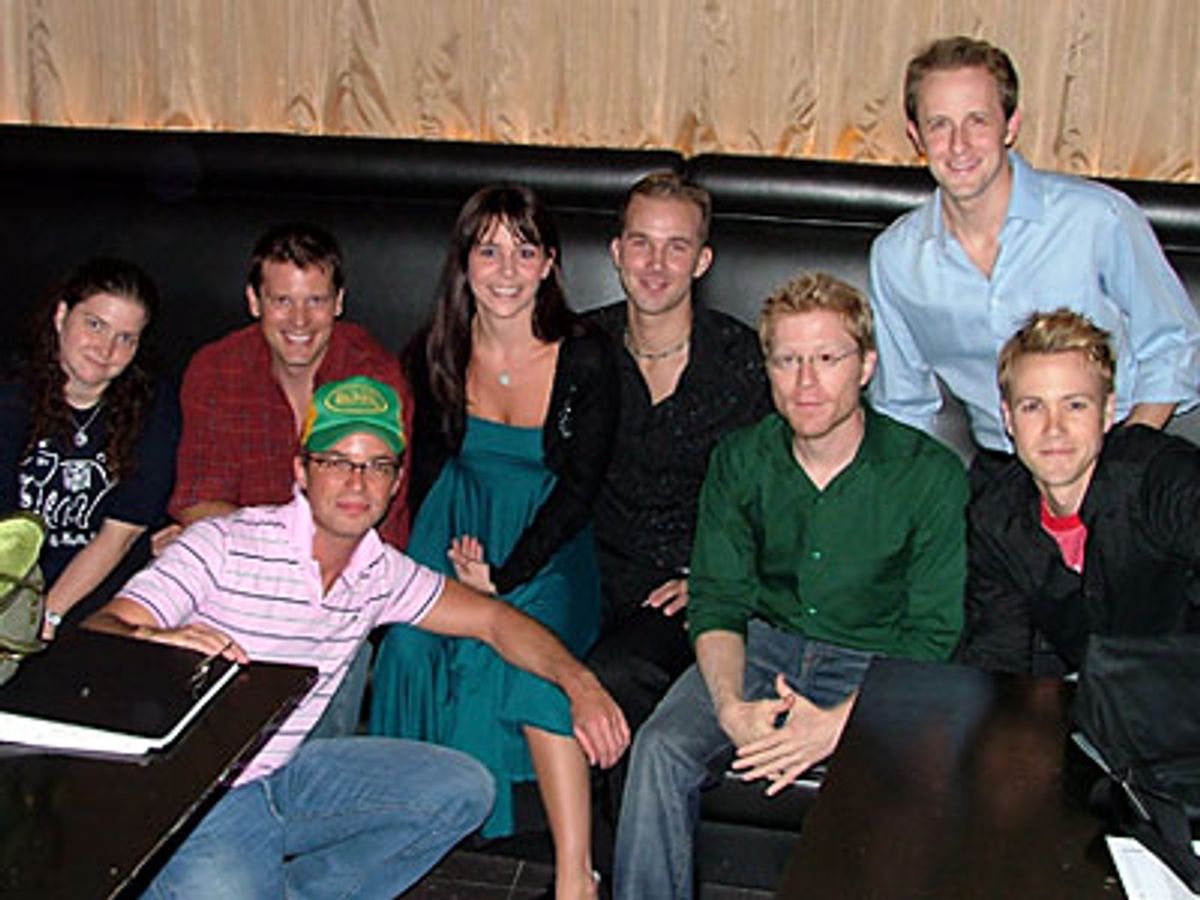 Just before the audience arrives, Geoffrey Soffer (Producer) poses
with Manley Pope, Sara Schmidt, Matt Richardson, Anthony Rapp,
Justin Patterson and Christopher J. Hanke at 