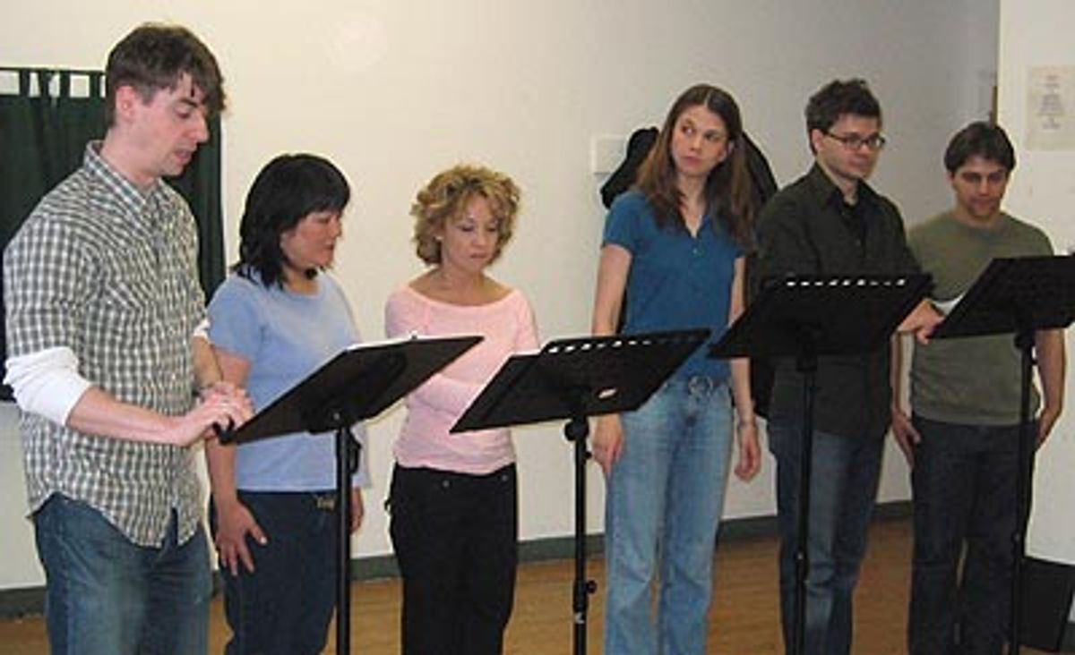 Christian Borle (Snoopy), Ann Harada (Lucy), Jennifer Cody (Sally), Sutton Foster (Peppermint Patty),
Hunter Foster (Linus) and Deven May (Charlie Brown)  at 