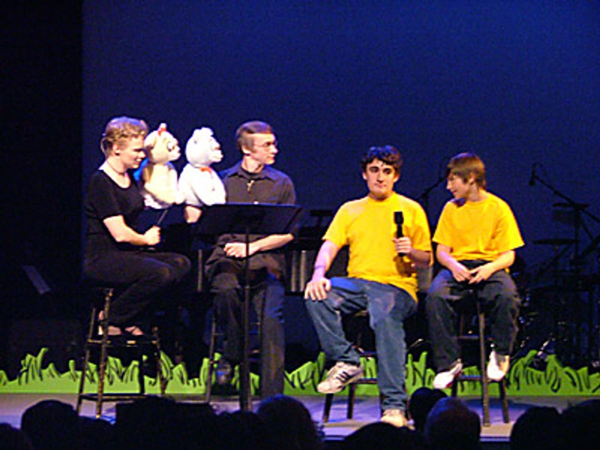 Jennifer Barnhart, Rick Lyon and the Bad Idea Bears from Avenue Q
kick off the show by interviewing two members of The Pied Piper
Children's Theater. at 