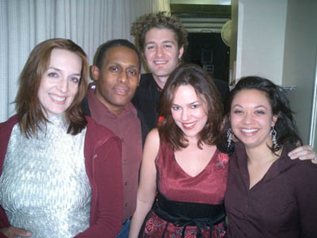 Julia Murney, Keith Byron Kirk, Matthew Morrison, Georgia Stitt and Jen Bender backstage at Birdland! at 