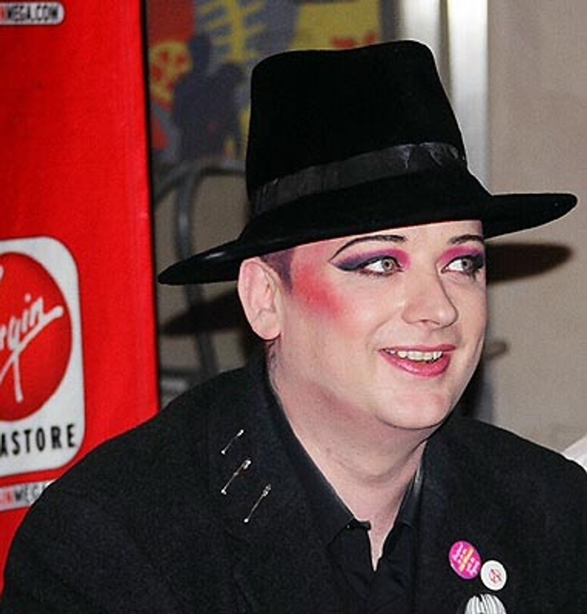 Boy George, looking pleased with the turnout and his Tony nomination at 