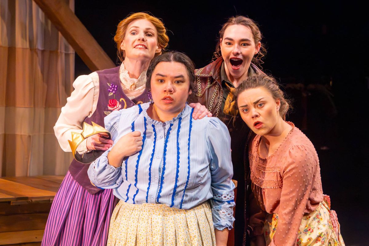 Meg, Beth, Jo, and Amy March spot Laurie from their attic window for the first time (l-r: Amy Rene Byrne, Kimie Muroya, Mackenzie Moyer, and Arrianna Daniels). Photo by Kyle Huggins. 