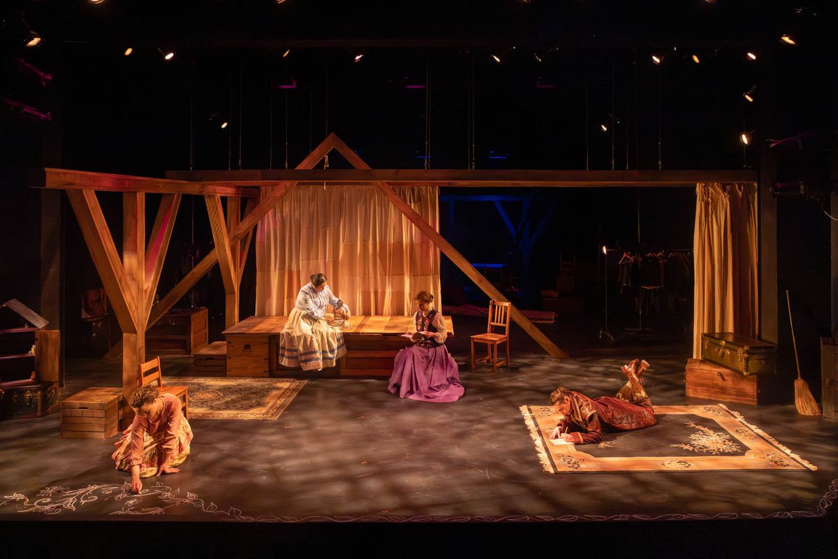 Amy draws, Beth sews, Meg reads, and Jo writes in this pre-show scene (l-r: Arrianna Daniels, Kimie Muroya, Amy Rene Byrne, and Mackenzie Moyer). Photo by Kyle Huggins. 