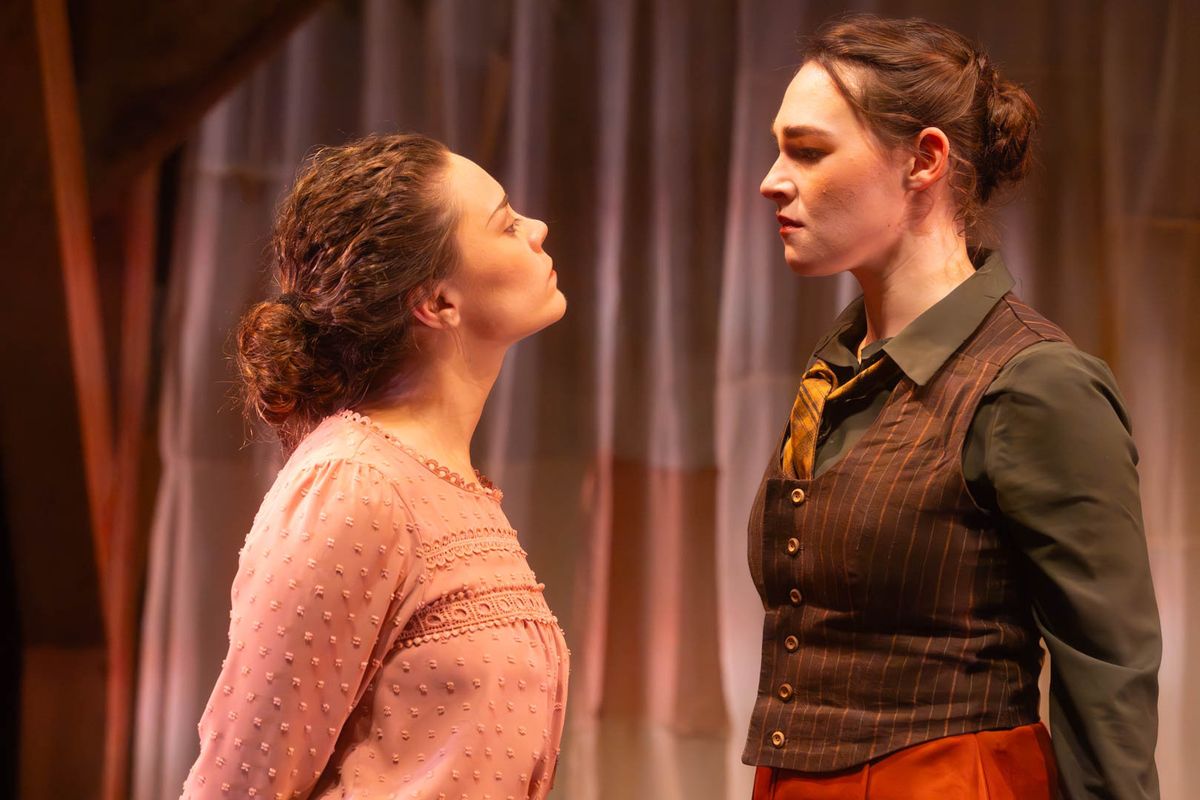 Amy March (Arrianna Daniels) vows to make Jo (Mackenzie Moyer) rue denying her the chance to tag along to the play with her, Laurie, and Meg. Photo by Kyle Huggins. Amy March (Arrianna Daniels) vows to make Jo (Mackenzie Moyer) rue denying her the chance to tag along to the play with her, Laurie, and Meg. Photo by Kyle Huggins.