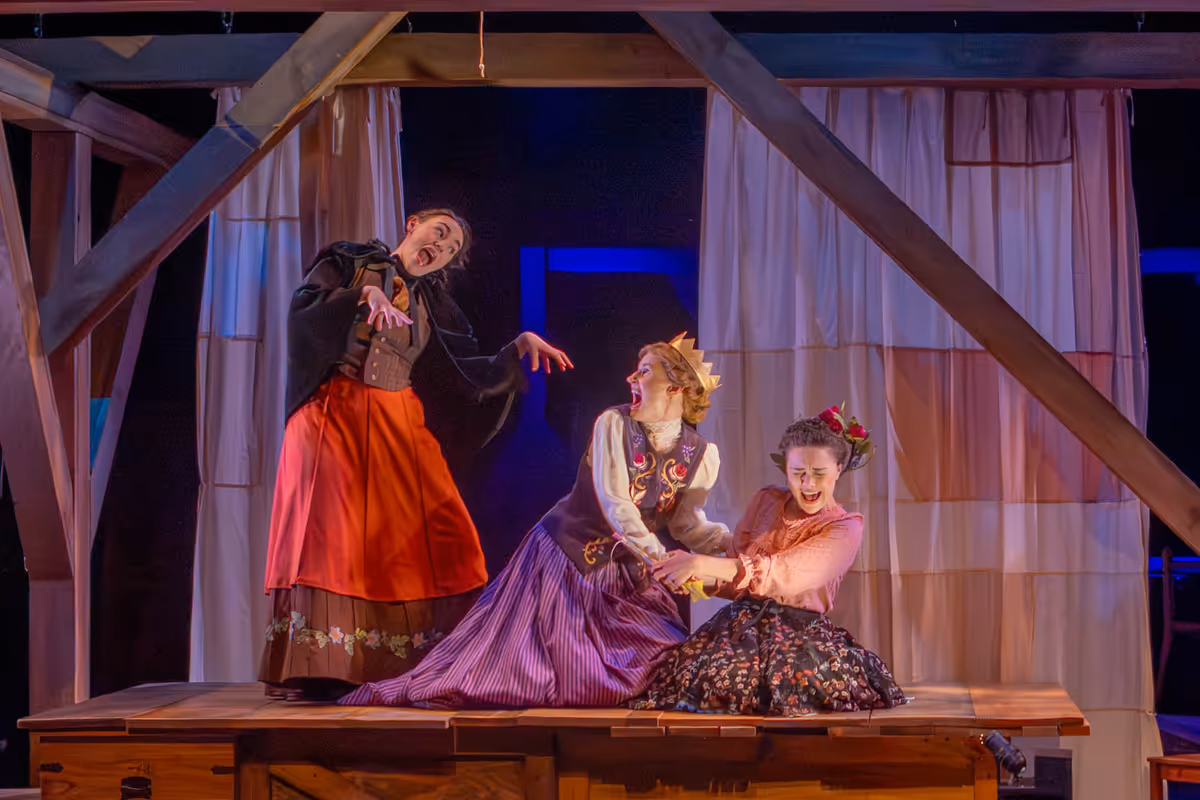 Jo enters as the Witch Hagar in their March sisters' play (l-r: Mackenzie Moyer, Amy Rene Byrne, and Arrianna Daniels). Photo by Kyle Huggins. Jo enters as the Witch Hagar in their March sisters' play (l-r: Mackenzie Moyer, Amy Rene Byrne, and Arrianna Daniels). Photo by Kyle Huggins.