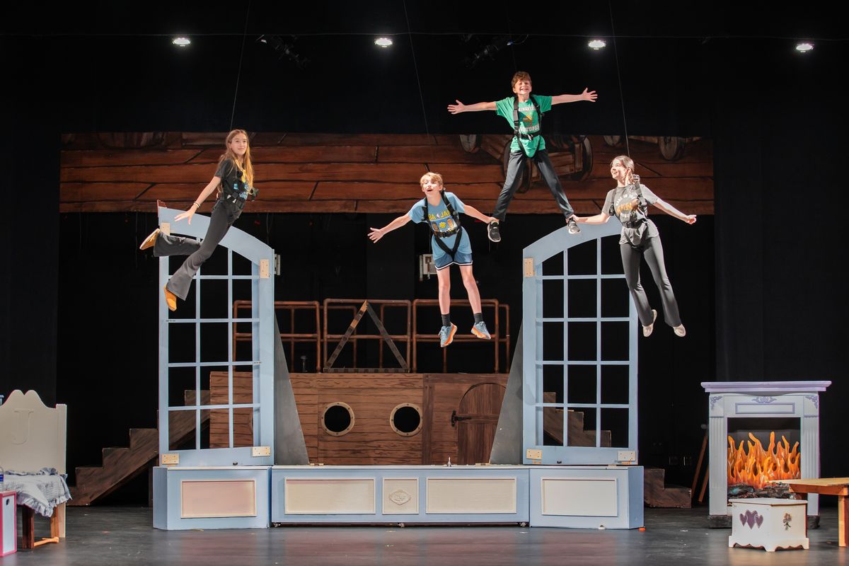 Flight rehearsal with ZFX!  Peter Pan (Jordan Bentley) teaches Wendy (Mia Blaise Campbell), John (Elliot Barr), and Michael (Winston Rosenbaum) to fly!