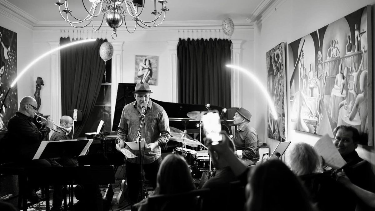 Robert C. Ford (narrator), Gerry Brown (drums), Gene Pritsker (piano), and Peter Oswald (trumpet) at Kostabi World (NYC) at artist Mark Kostabis birthday on Nov 27, 2022