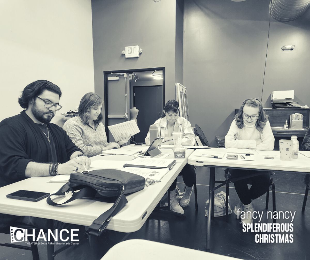 Abel Miramontes, Jenny Jacobs, Shai Culver, and Angela Griswold during the first read through of "Fancy Nancy Splendiferous Christmas," running December 9 - 23, 2022 on the Fyda-Mar Stage at chance Theater Bette Aitken theater arts Center in Anaheim, CA.
