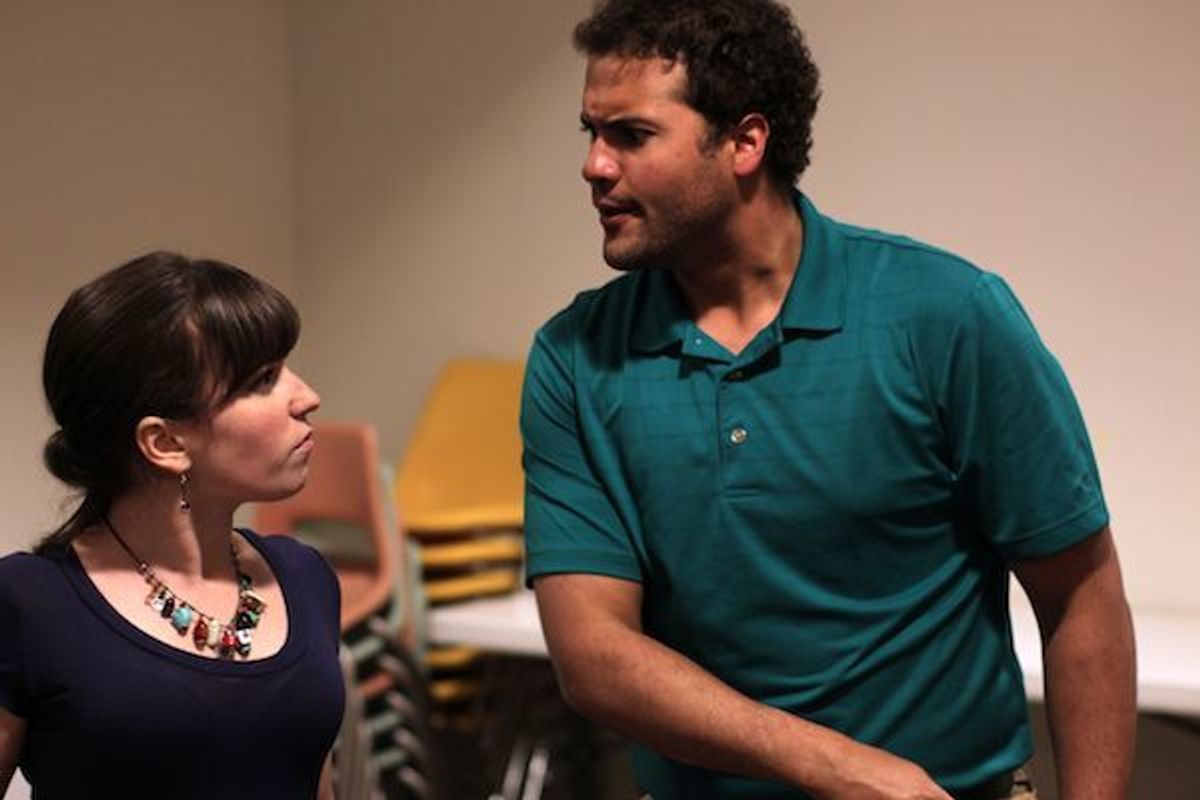 Joshua Woolfolk as Petruchio and Emily Morrison Weeks as the Tailor. Joshua Woolfolk as Petruchio and Emily Morrison Weeks as the Tailor.