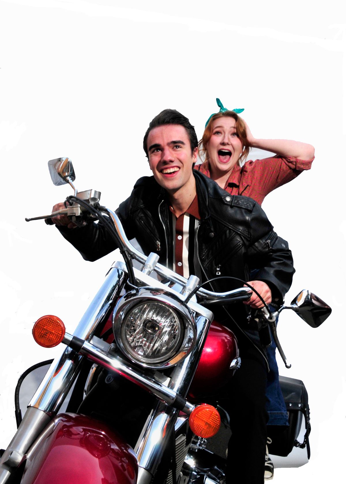 Jackson Wells-Benitez as Chad, the mysterious stranger new to town and Sam Holden Natalie Haller, a young mechanic in the musical All Shook Up playing at Lakewood Theatre Company, located at 368 S. St
