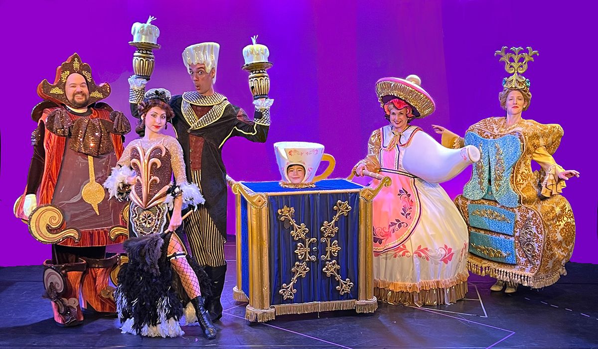 Pictured above from left to right: Brian Silliman (Cogsworth), Alex Pouloutides (Babette), Stephen Petrovich (Lumiere), Carlos Velasquez-Escamilla (Chip), Raissa Katona Bennett (Mrs. Potts), and Gina Hanzlik (Madame de la Grande Bouche)