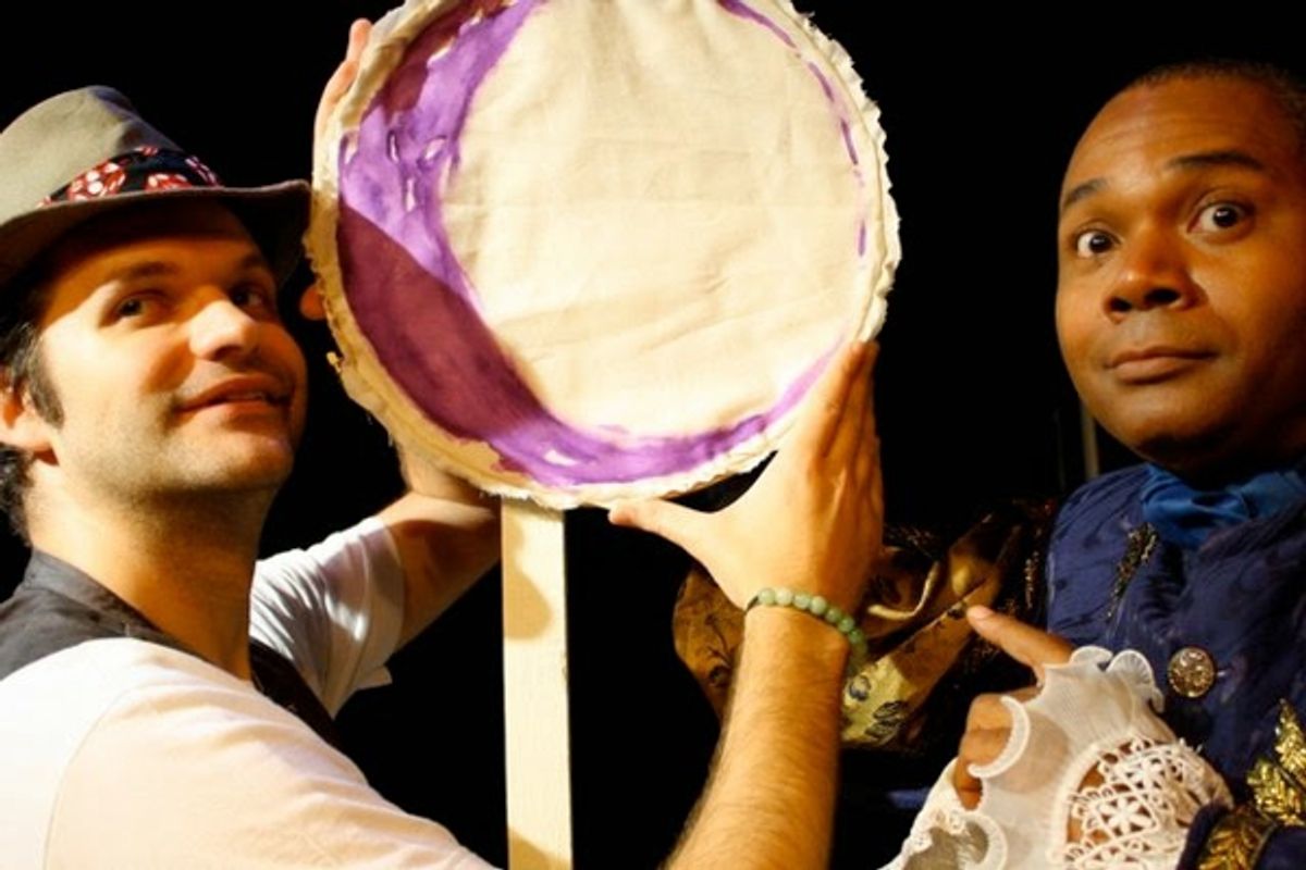 AN ABDUCTION BY MOONLIGHT!: Christopher Karbo as El Gallo and Darryl Maximilian Robinson as the old Shakespearean actor Henry Albertson situate The Moon prior to the Abduction of Luisa in the 2010 Tribe Productions 50th Anniversary revival of Tom Jones' and Harvey Schmidt's classic, romantic musical "The Fantasticks" during the first-ever Hollywood Fringe Festival at The Complex Theatre of Los Angeles.