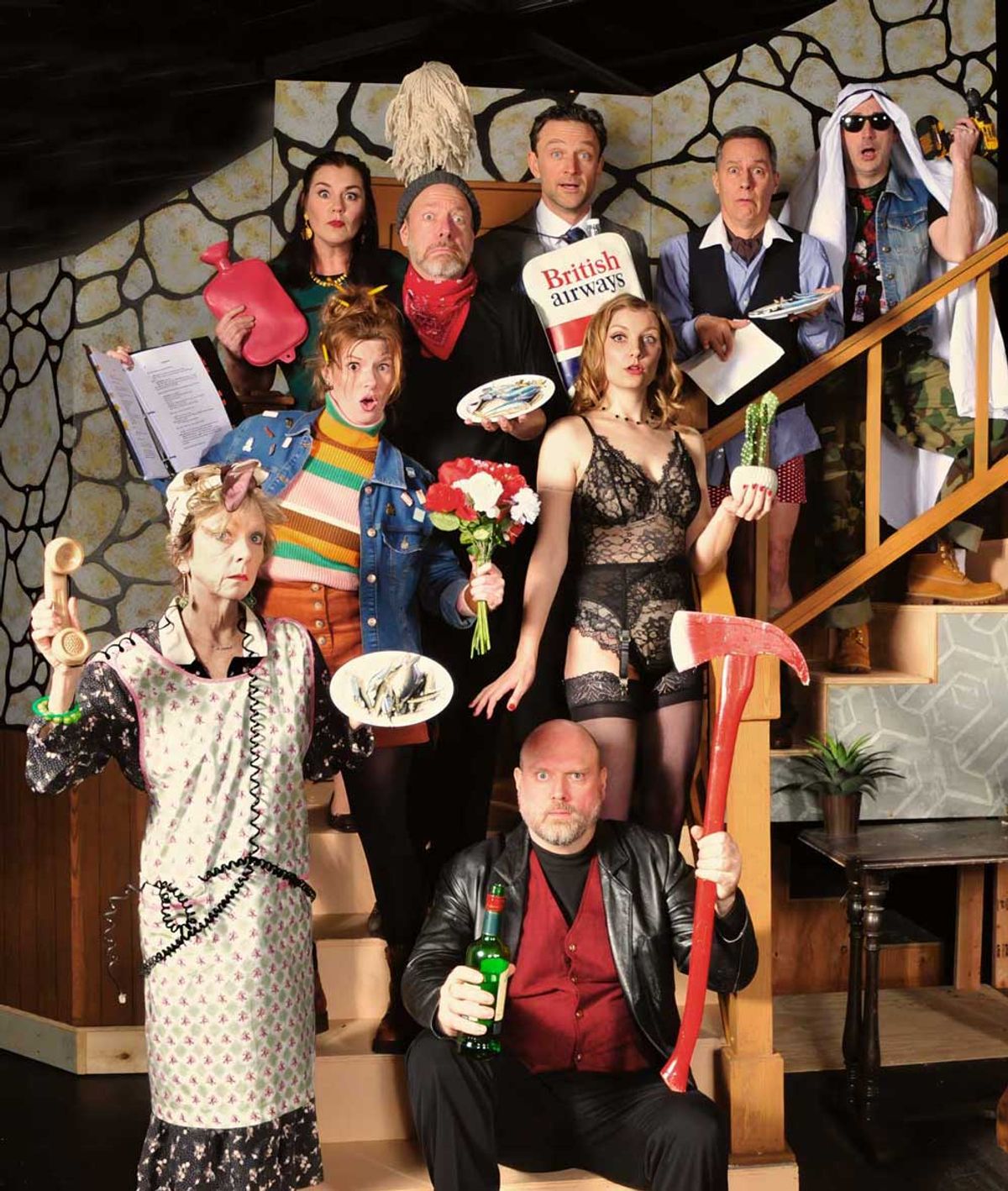 The company of actors in the comedy Noises Off playing at Lakewood Theatre Company, 368 S. State Street, Lake Oswego, OR 97034, February 28 - April 6, 2025. Photo by Triumph Photography. The company of actors in the comedy Noises Off playing at Lakewood Theatre Company, 368 S. State Street, Lake Oswego, OR 97034, February 28 - April 6, 2025. Photo by Triumph Photography.