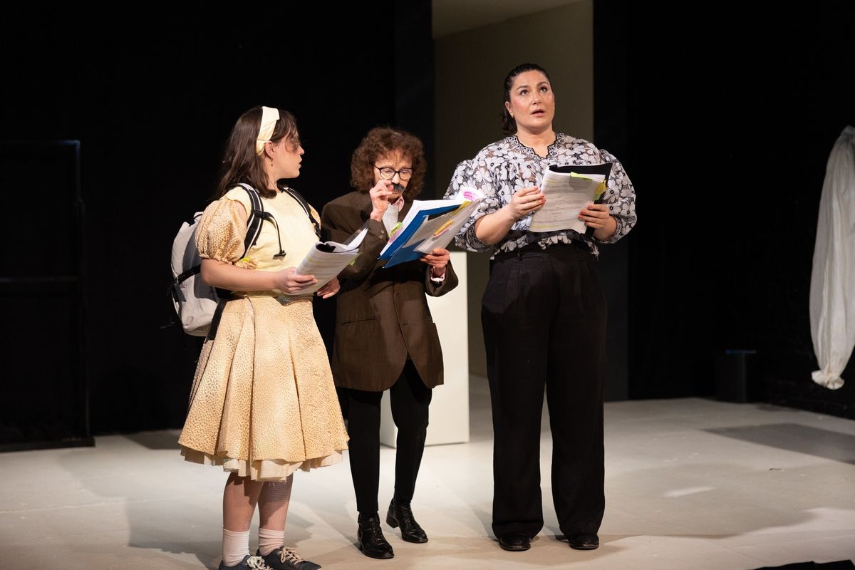 Sivan Raz (Sheila), Getchie Argetsinger (Einstein), and Cerra Cardwell (Lala) (left to right) in The Words Will Come. Photo by Edison Koo. Sivan Raz (Sheila), Getchie Argetsinger (Einstein), and Cerra Cardwell (Lala) (left to right) in The Words Will Come. Photo by Edison Koo.