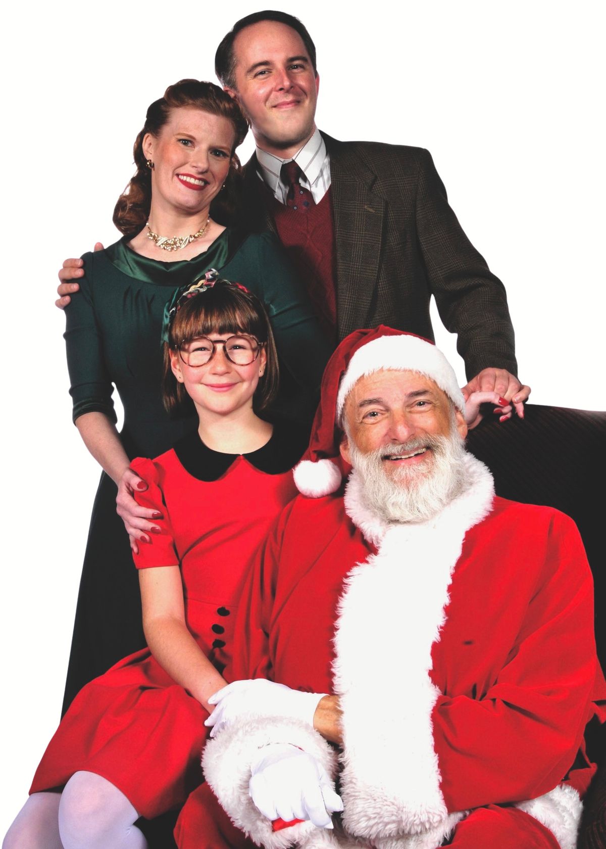 Miracle on 34th Street, the Play at Lakewood Theatre Company Nov. 7 - Dec. 14, 2025.  Web: www.lakewood-center.org  Pictured (left to right): Georgia Krugel, Ariel Puls, Conor Eifler, and Robert Lovit