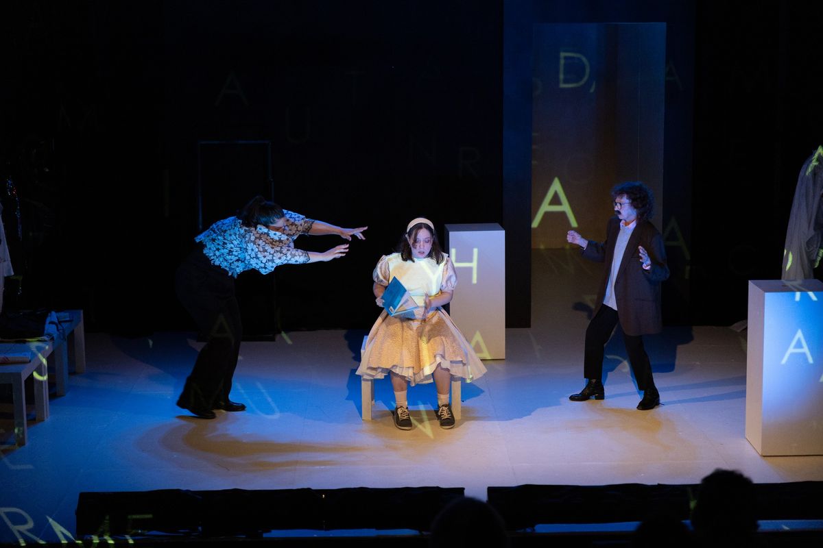 Cerra Cardwell (Lala), Sivan Raz (Sheila), and Getchie Argetsinger (Einstein) (left to right) in The Words Will Come.   Photo by Edison Koo.