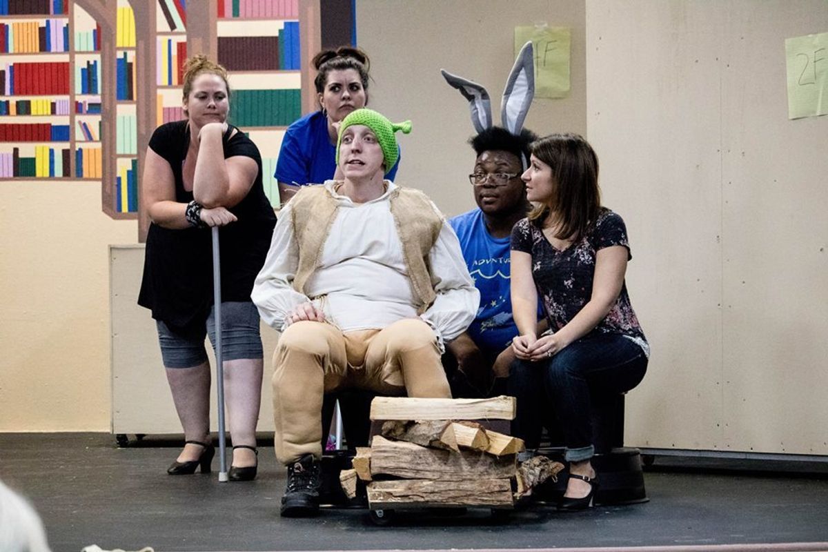 2.            Donkey (Alonzo Dixon) with the help of some Blind Mice (Ashlie Workman and Keysha Martinez ) gives Shrek (Steven Dow) a pep talk about Fiona (Candice Castro.)