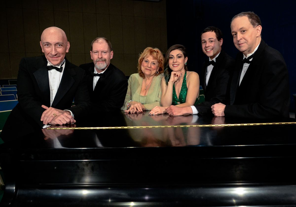l-r: Michael Thurber, Paul Oliver, Alyce Fitzgerald-Hagopian, Vivienne Carrette,Christopher Margadonna and Ken McPherson in The Community Players' "Tomfoolery". Directed by Lee Rush, with musical direction by Maria Day and choreography by Bill Whitehead Jr. Photo credit: Robert Emerson