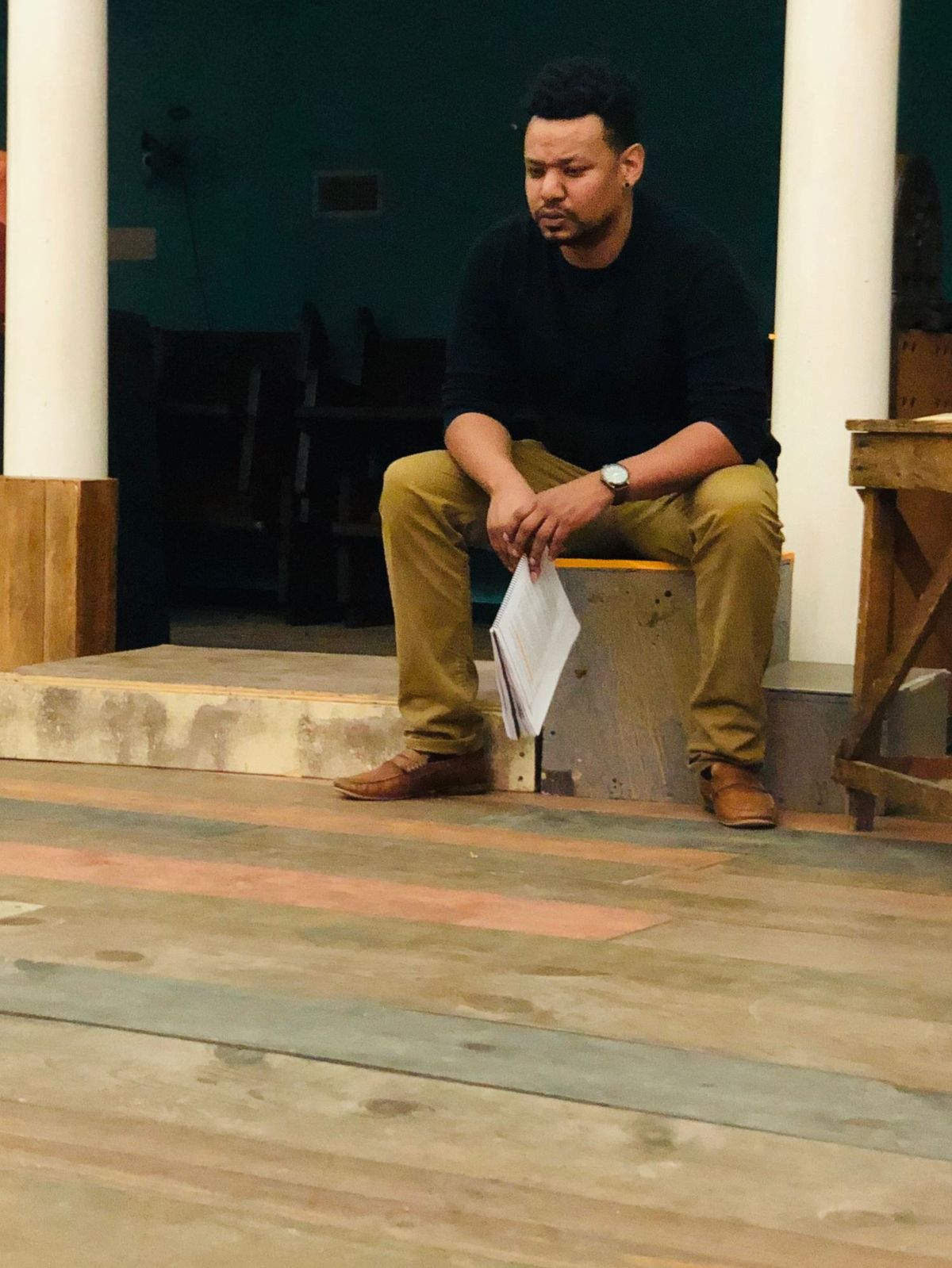 Actor Keenan Ramos (Floyd) rehearsing for Seven Guitars at the MET.