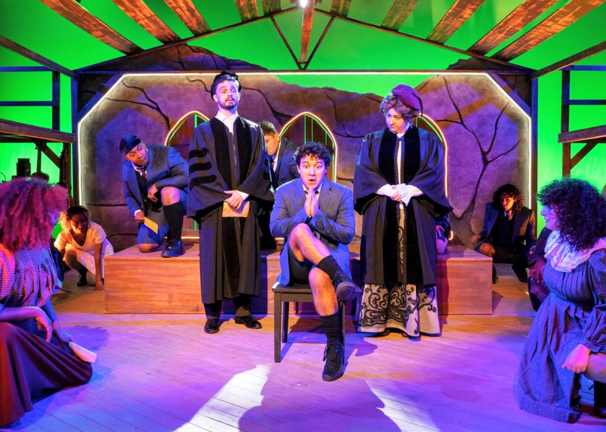 Andrew Willis-Woodward as Adult Man, Benni Santiago as Melchior, and Julie Galorenzo as Adult Woman, in Vanguard Theater's Spring Awakening.  Photo by Spotlights Photography.