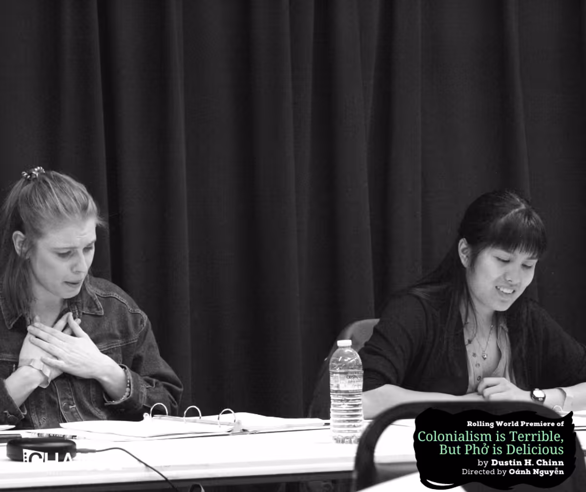 Chloe Gay Brewer and Hannah Mariah at the first read-thru for the rolling world premiere of "Colinialism is Terrible, But Phở is Delicious" at Chance Theater. Photo by Casey Long.