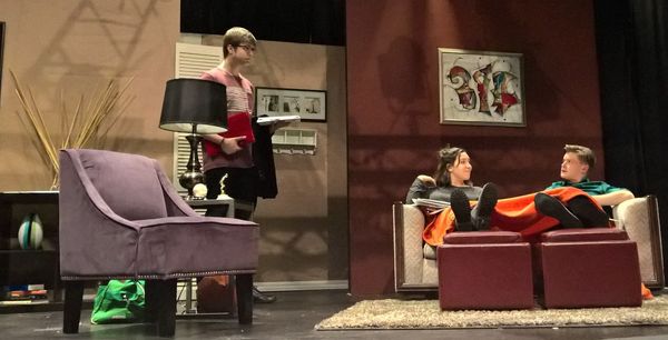 Rehearsal photo of STRAIGHT Zachary Taylor Warner as Ben (left), Jennie Spector as Emily (middle) and Colin Kane as Chris (right) Photo by triangle productions! 1