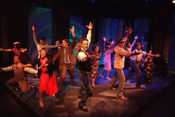 Cast members Stu James and Jade Johnson of Recorded In Hollywood The Musical performing live on stage at Rockwell Stages in Los Angeles, CA, 2