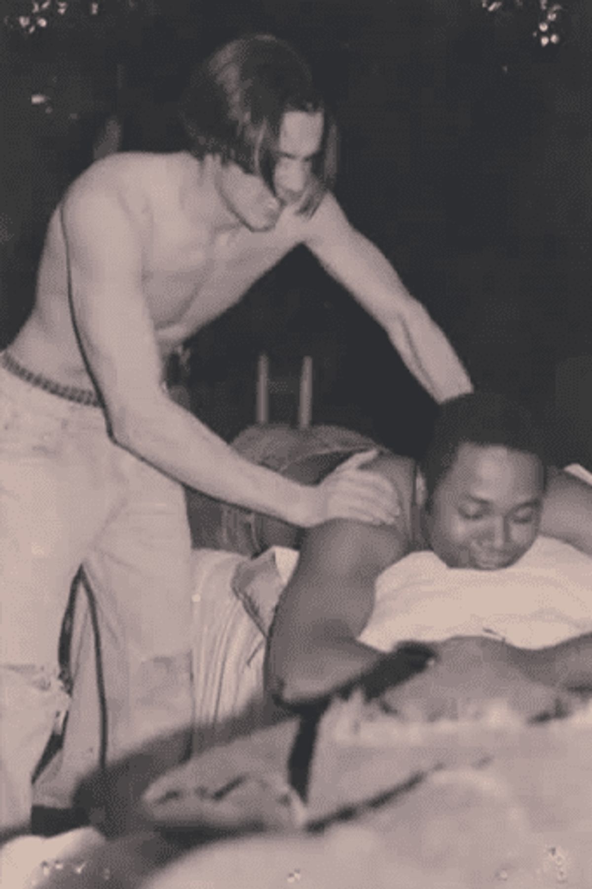 PORT ELIZABETH, SOUTH AFRICA-STYLE SIBLING RIVALRY!: Actor Jonathan Pereira as the light-skinned brother Morris and Actor / Director Darryl Maximilian Robinson as the dark-skinned brother Zachariah in the 1999 Excaliber Shakespeare Company of Chicago revival of Athol Fugard's powerful anti-apartheid drama "The Blood Knot" at The Heartland Cafe Studio Theatre in Chicago. Photo by Peter Blatchford.