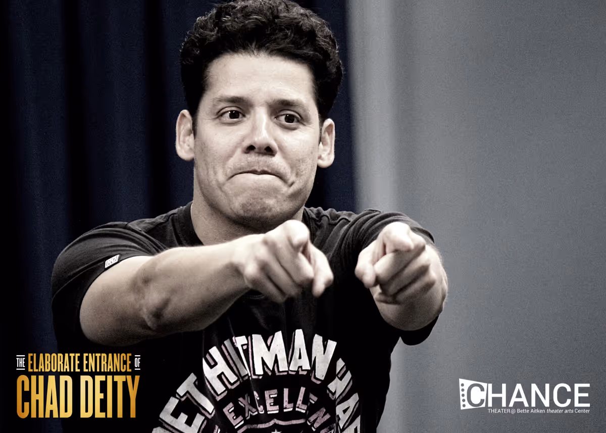 Rudy Solis III as Macedonio Guerra in rehearsals for the OC premier of Kristoffer Diaz's Pulitzer Prize Finalist play, "The Elaborate Entrance of Chad Deity." Directed by Jeremy Aluma, this high-octane comedy-drama will play September 23 - October 23, 2022 at Chance Theater in Anaheim, CA. 