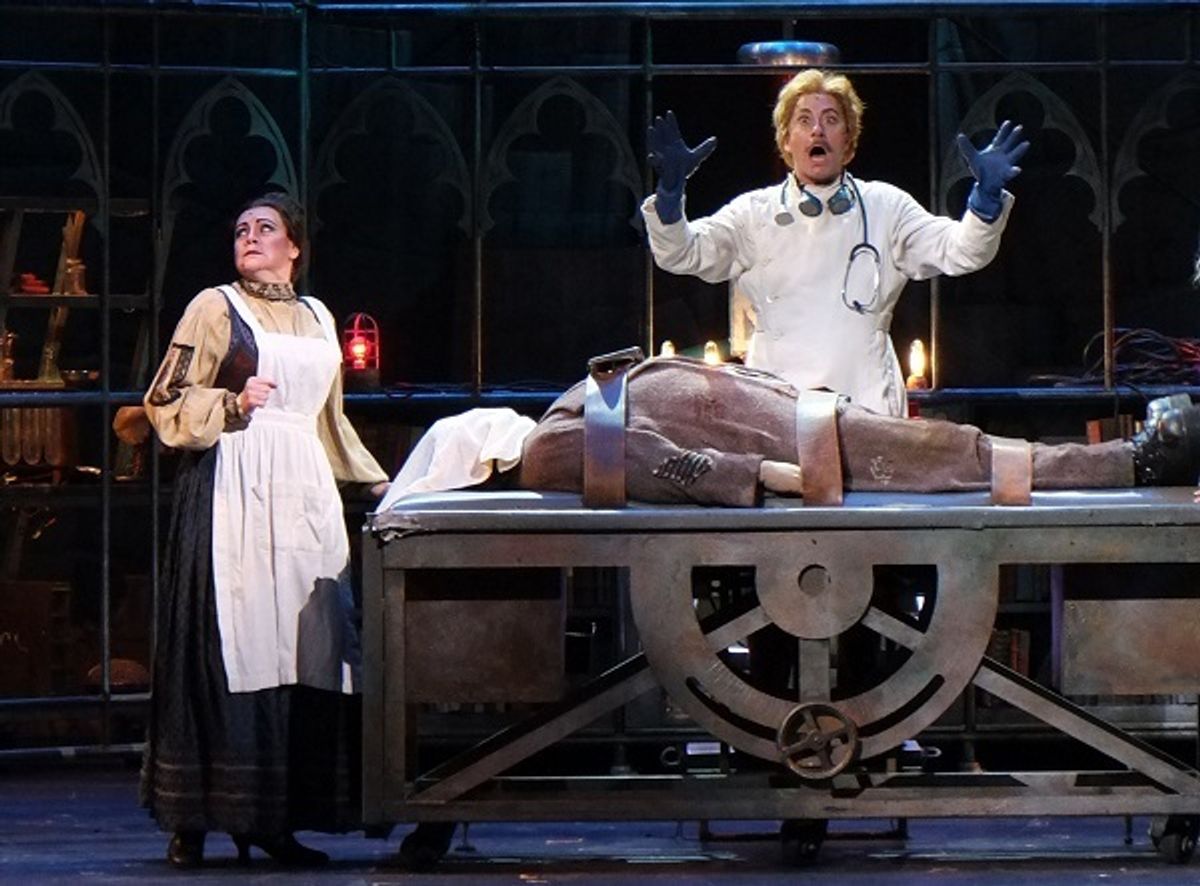 Larry Raben stars as Frederick Frankenstein, with Tracy Lore as Frau Blucher in Mel Brooks’ madcap stage musical, “Young Frankenstein,” playing at the Norris Theatre in Palos Verdes, September 23 – October 9. 
Credit: Moonlight Stage Productions
