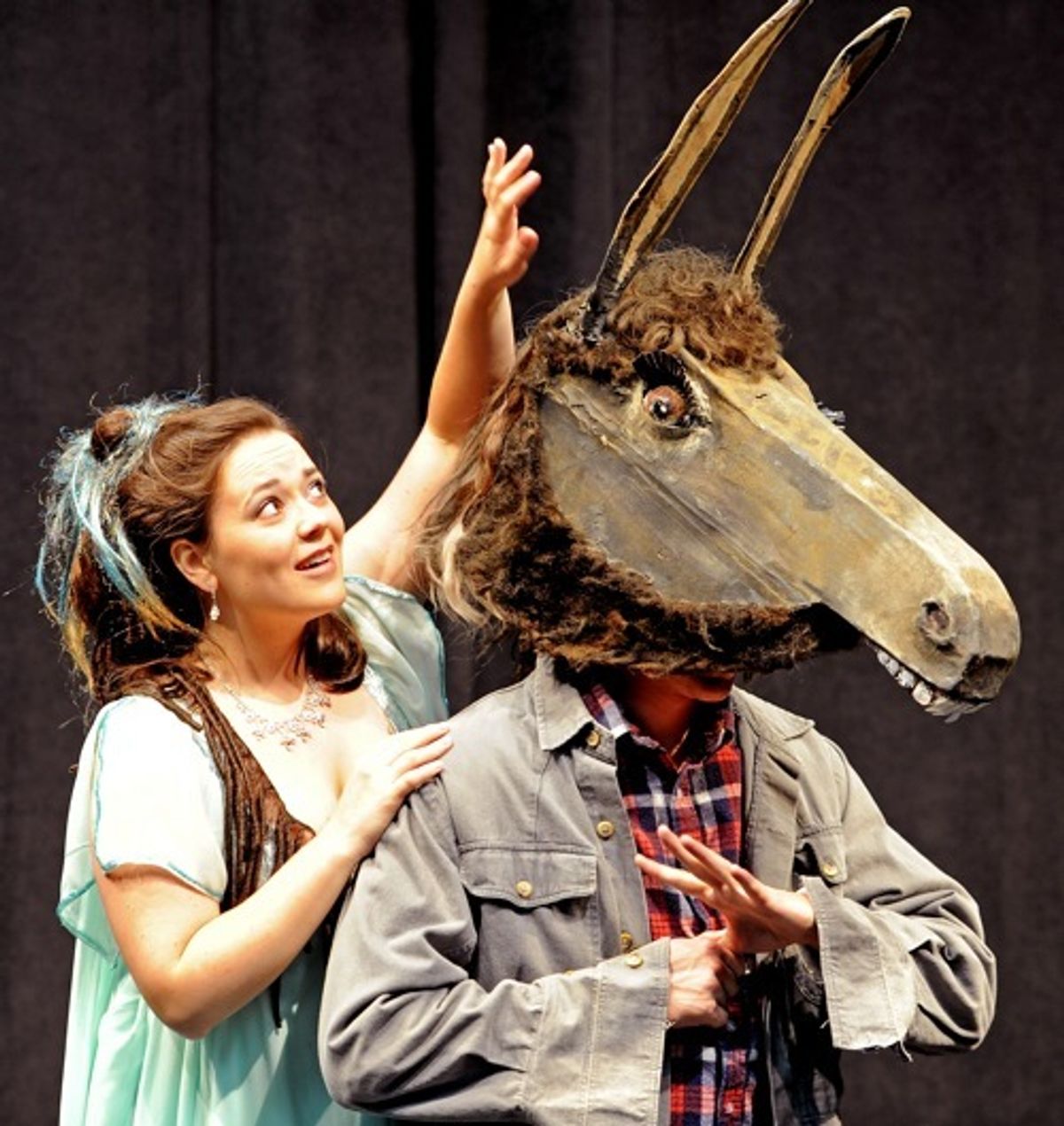 Magical love: Pictured are (L to R) Ashley Jarrett as Titania and Justin Keim as Bottom in the Sonoma State University Department of Theatre Arts & Dance production of  "A Midsummer Night's Dream," presented Nov. 3 to Nov. 12, 2011 at Evert B. Person Theatre. Photo by Linnea Mullins

