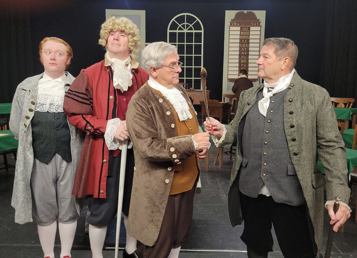 At right John Adams (Mark Dils) attempts to hand the quill pen to Ben Franklin (Roger Philippon) during the musical number But, Mr. Adams in the CLT production of 1776. Looking on from left are Thomas At right John Adams (Mark Dils) attempts to hand the quill pen to Ben Franklin (Roger Philippon) during the musical number But, Mr. Adams in the CLT production of 1776. Looking on from left are Thomas