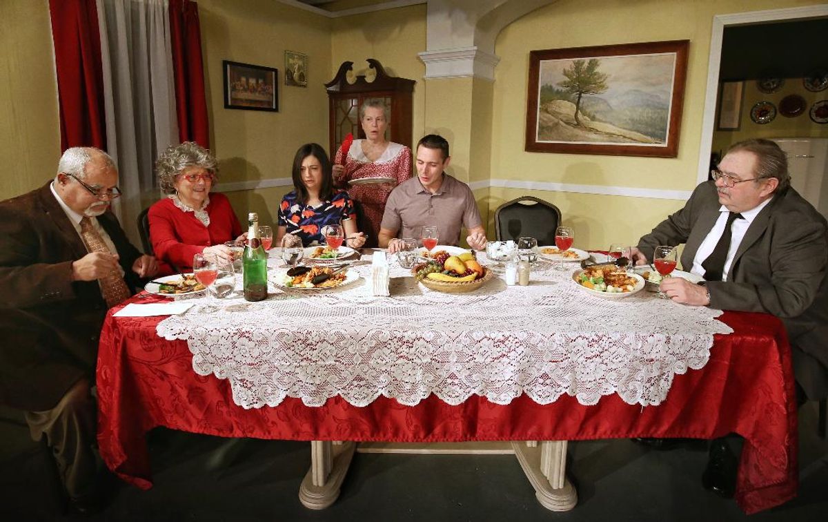It's a Sunday dinner to remember for Nick Cristano in ACT's production of Over the River and Through the Woods. (Photo by Dave Cantelli). It's a Sunday dinner to remember for Nick Cristano in ACT's production of Over the River and Through the Woods. (Photo by Dave Cantelli).