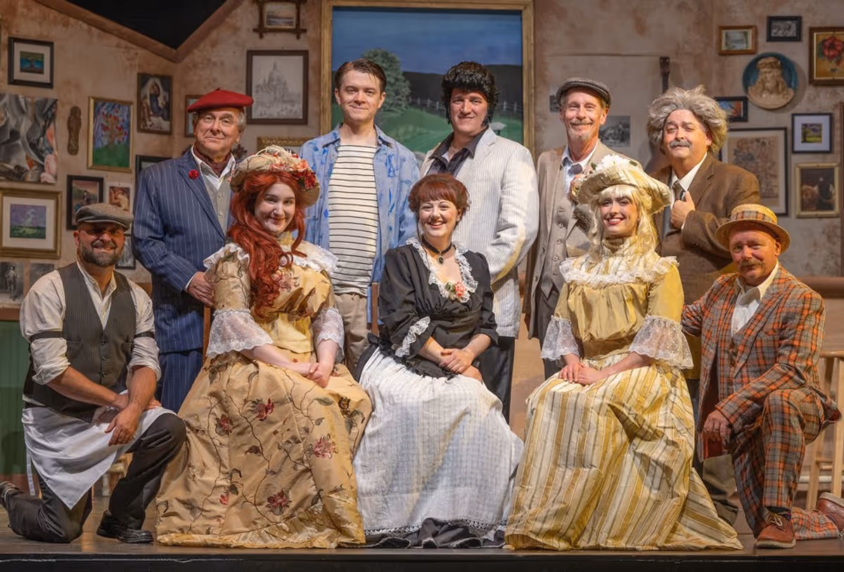 Here is the cast of CLT's Picasso at the Lapin Agile. From left in front are Jason Pelletier, Sophie Messina, Sarah Duncan, Bryce Smith, and Dan Kane. Standing are Roger Philippon, Brian Pfohl, Gerry Therrien, Chris Kuhlthau, and Tony Roy. The show runs June 15-25. https://www.laclt.com/picasso-at-lapin-agile-2023. Photo by DNA Photography. Here is the cast of CLT's Picasso at the Lapin Agile. From left in front are Jason Pelletier, Sophie Messina, Sarah Duncan, Bryce Smith, and Dan Kane. Standing are Roger Philippon, Brian Pfohl, Gerry Therrien, Chris Kuhlthau, and Tony Roy. The show runs June 15-25. https://www.laclt.com/picasso-at-lapin-agile-2023. Photo by DNA Photography.