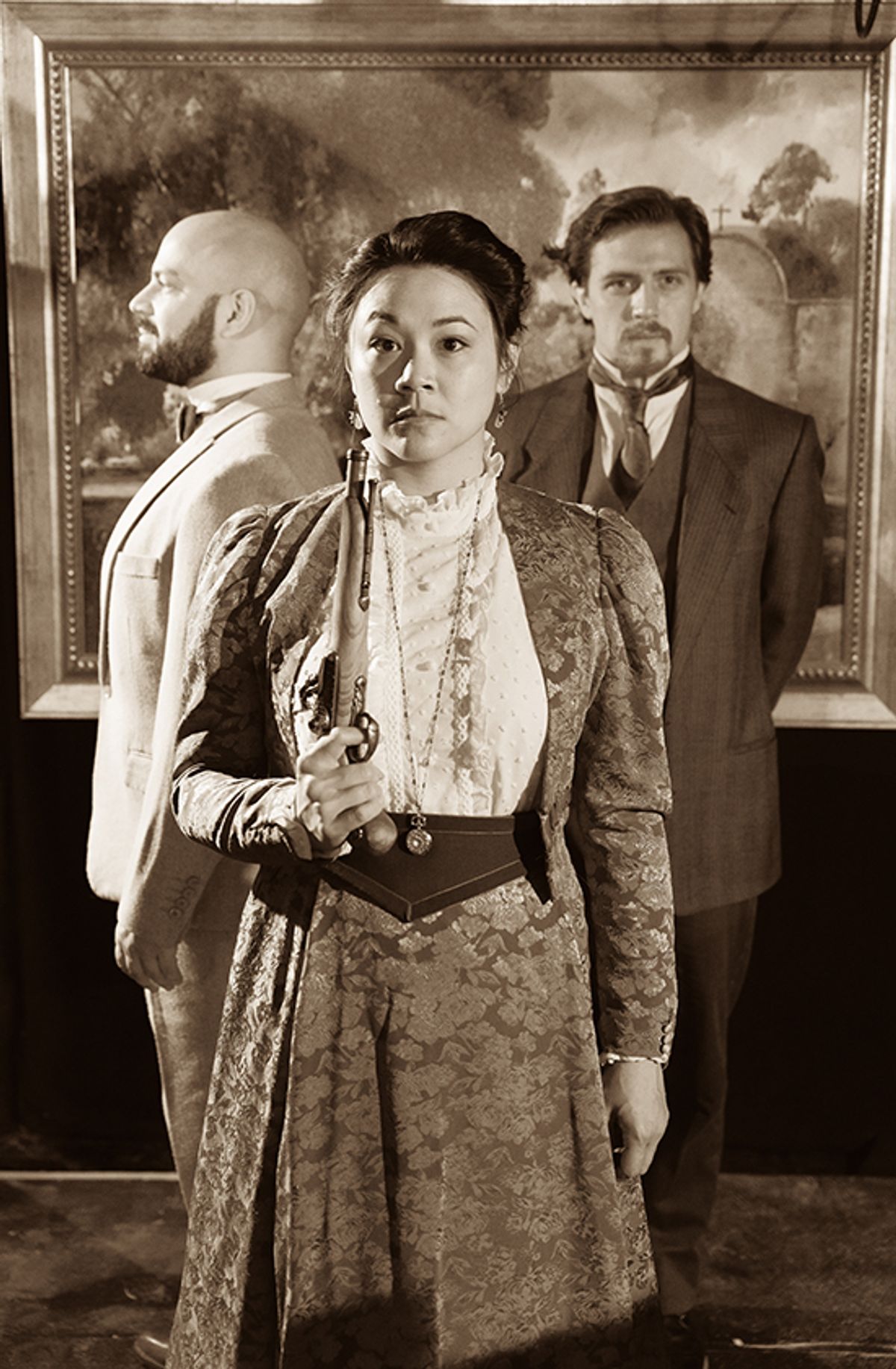 Jovane Caamańo as Tesman, Olivia de Guzman as Hedda Gabler and  Felipe Carrasco as Lovborg
Photo: Zane Pena