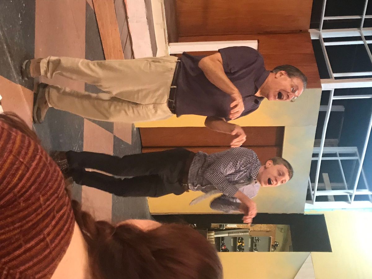 John Zinzi, of Milton, as J. B. Biggley and Steven Dow, of Rehoboth Beach as J. Pierrepont Finch ?Rip the Chipmunk? as they rehearse a scene for Possum Point Players? upcoming musical comedy HOW TO SUCCEED IN BUSINESS WITHOUT REALLY TRYING April 5 - 12, 2019. Co-Director Lorraine Steinhoff, of Milford, looks on. For more information, please go to www.possumpointplayers.org or call (302)856-4560. 