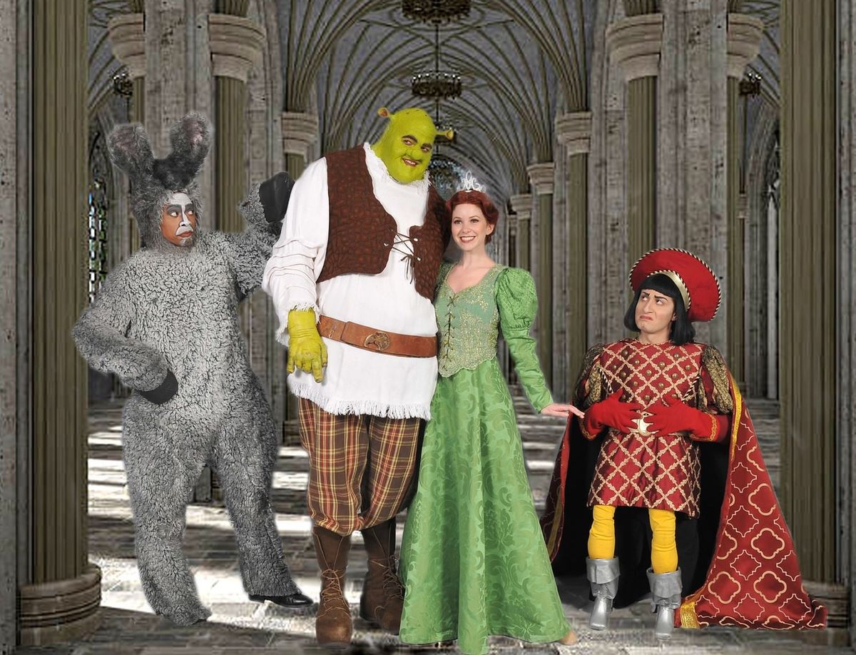 Meet the leads of 5-Star Theatricals' "Shrek the Musical" at the Thousand Oaks Civic Arts Plaza, from left to right, Lawrence Cummings (Donkey), Trent Mills (Shrek), Alison Woods (Fiona), and Marc Ginsburg (Lord Farquaad).  Photo by Ed Krieger.