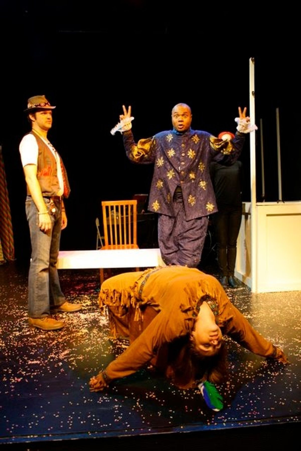 MORTIMA, DIE FOR THE MAN!: Hiring his fellow players, Christopher Karbo as El Gallo and Darryl Maximilian Robinson as Henry Albertson discuss terms of engagement after Stacey Lynn Baker as Mortima displays her dying skills in the 2010 Tribe Productions 50th Anniversary revival production of Tom Jones' and Harvey Schmidt's "The Fantasticks" during the first-ever Hollywood Fringe Festival at The Complex Theatre of Los Angeles. MORTIMA, DIE FOR THE MAN!: Hiring his fellow players, Christopher Karbo as El Gallo and Darryl Maximilian Robinson as Henry Albertson discuss terms of engagement after Stacey Lynn Baker as Mortima displays her dying skills in the 2010 Tribe Productions 50th Anniversary revival production of Tom Jones' and Harvey Schmidt's "The Fantasticks" during the first-ever Hollywood Fringe Festival at The Complex Theatre of Los Angeles.