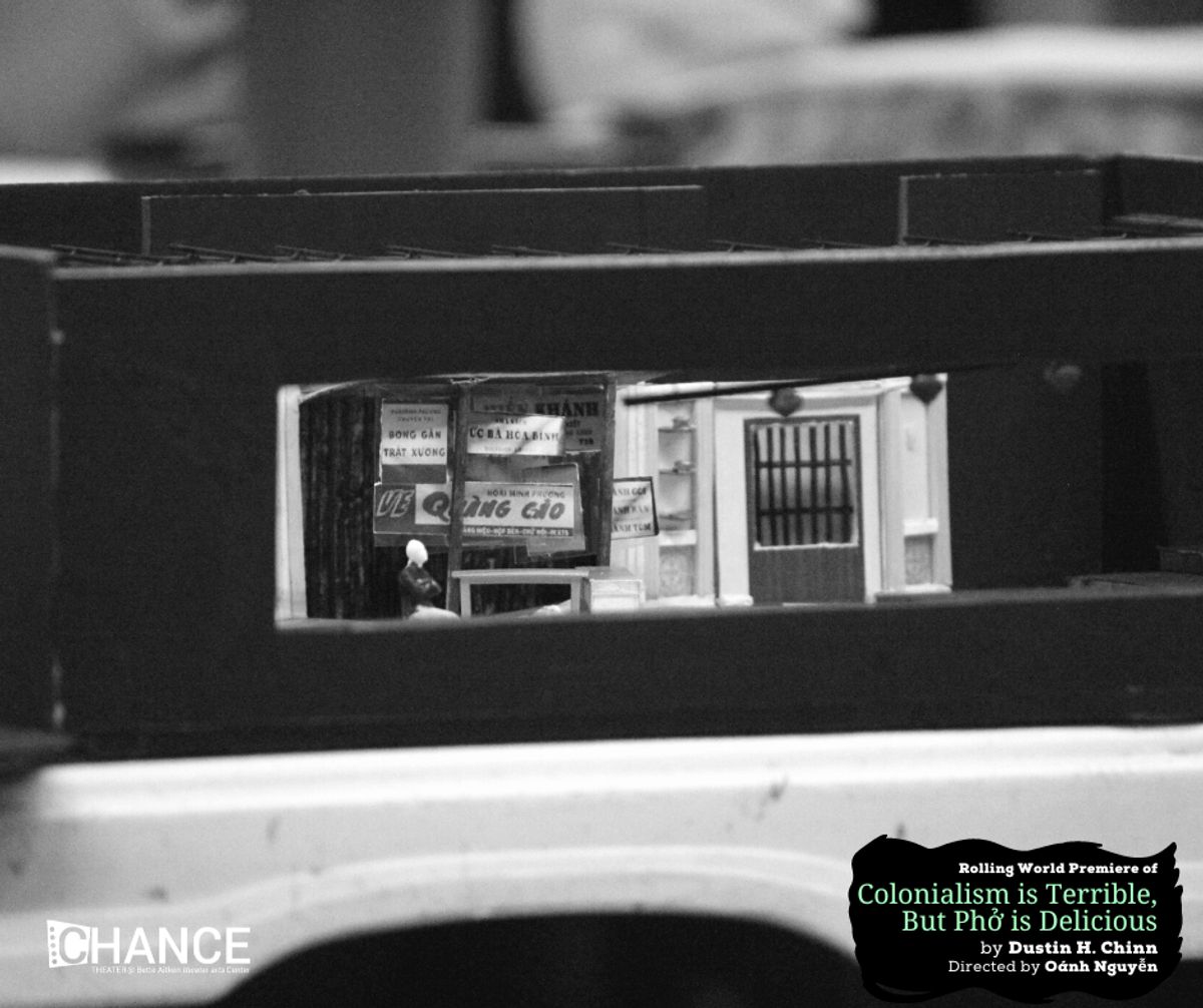 Set design for the rolling world premiere of "Colinialism is Terrible, But Phở is Delicious" at Chance Theater. Photo by Casey Long.