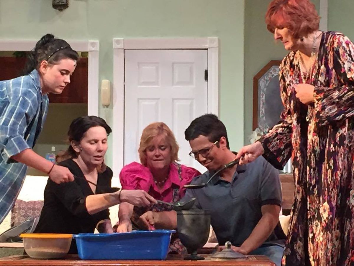 The cast of Exit Laughing in action! From left to right:
Rachel: Emily Cates
Connie: Elizabeth Chasse-King
Millie: Jeralyn Shattuck
Policeman/Bobby: Joshua Veilleux
Leona: Juli Brooks The cast of Exit Laughing in action! From left to right:
Rachel: Emily Cates
Connie: Elizabeth Chasse-King
Millie: Jeralyn Shattuck
Policeman/Bobby: Joshua Veilleux
Leona: Juli Brooks
