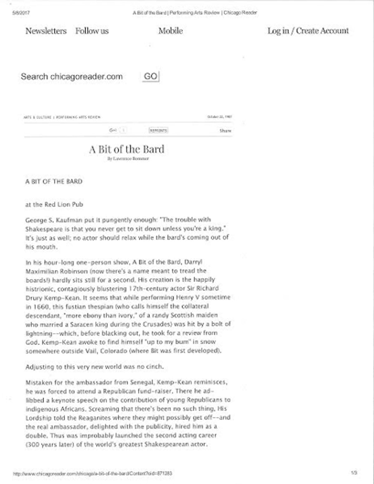Chi Bard Review 1: Part One of a Oct. 22, 1987 Chicago Reader notice of Darryl Maximilian Robinson as Sir Richard Drury Kemp-Kean in A Bit of the Bard at The Red Lion Pub in The Windy City.