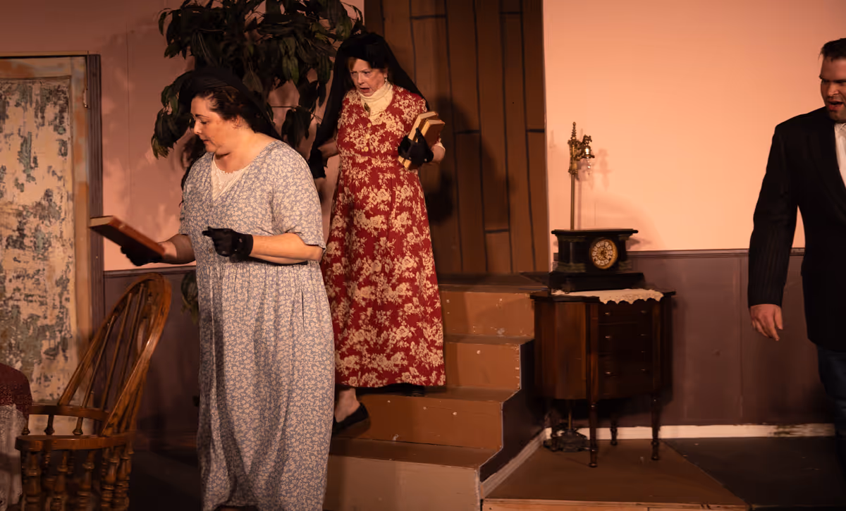Denise Bishop Cotten as ABBY BREWSTER, Lucy MacCabe Conner as MARTHA BREWSTER, and Josh Head as JONATHAN BREWSTER